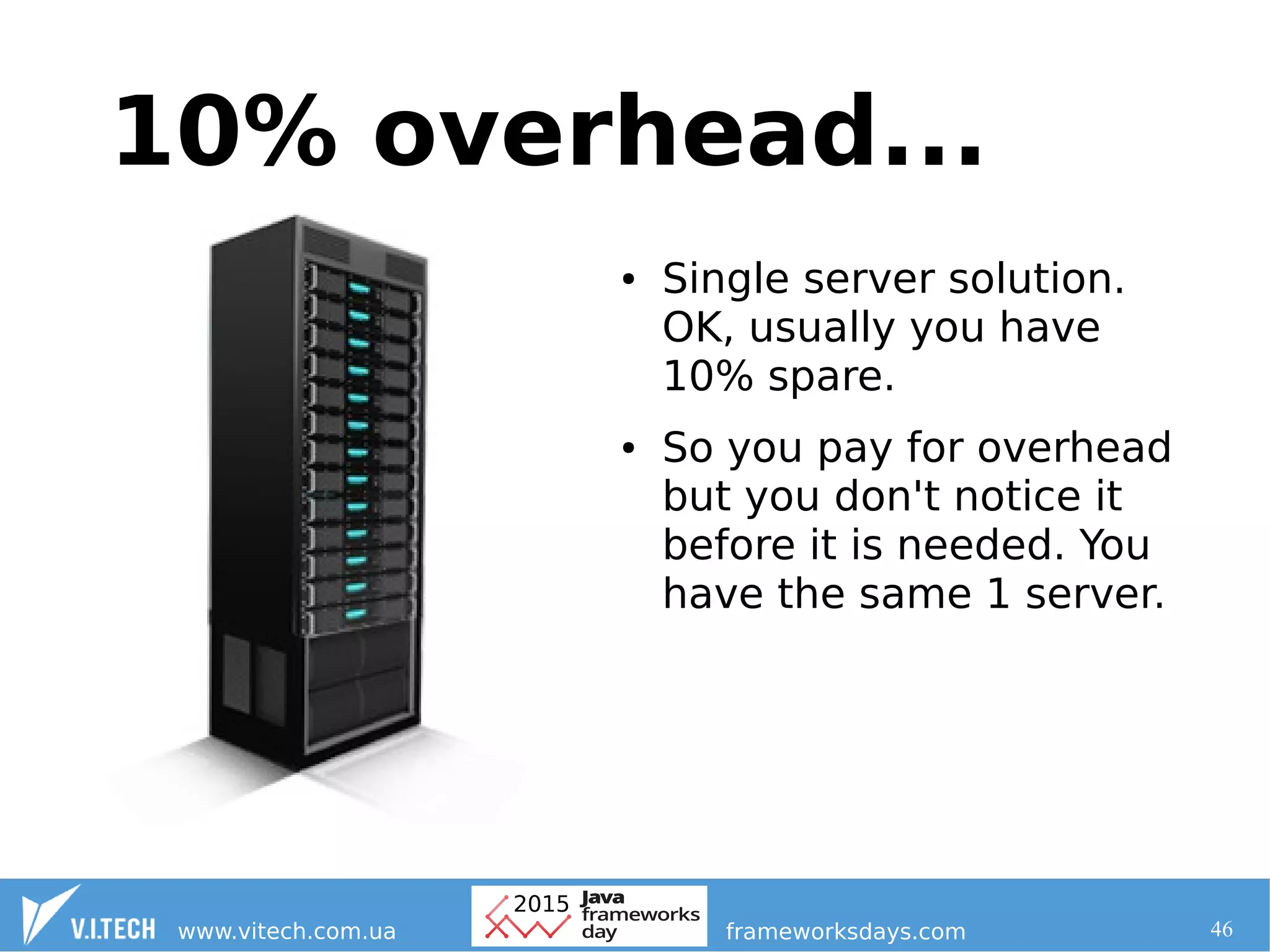 46
● Single server solution.
OK, usually you have
10% spare.
● So you pay for overhead
but you don't notice it
before it is needed. You
have the same 1 server.
10% overhead...
 
