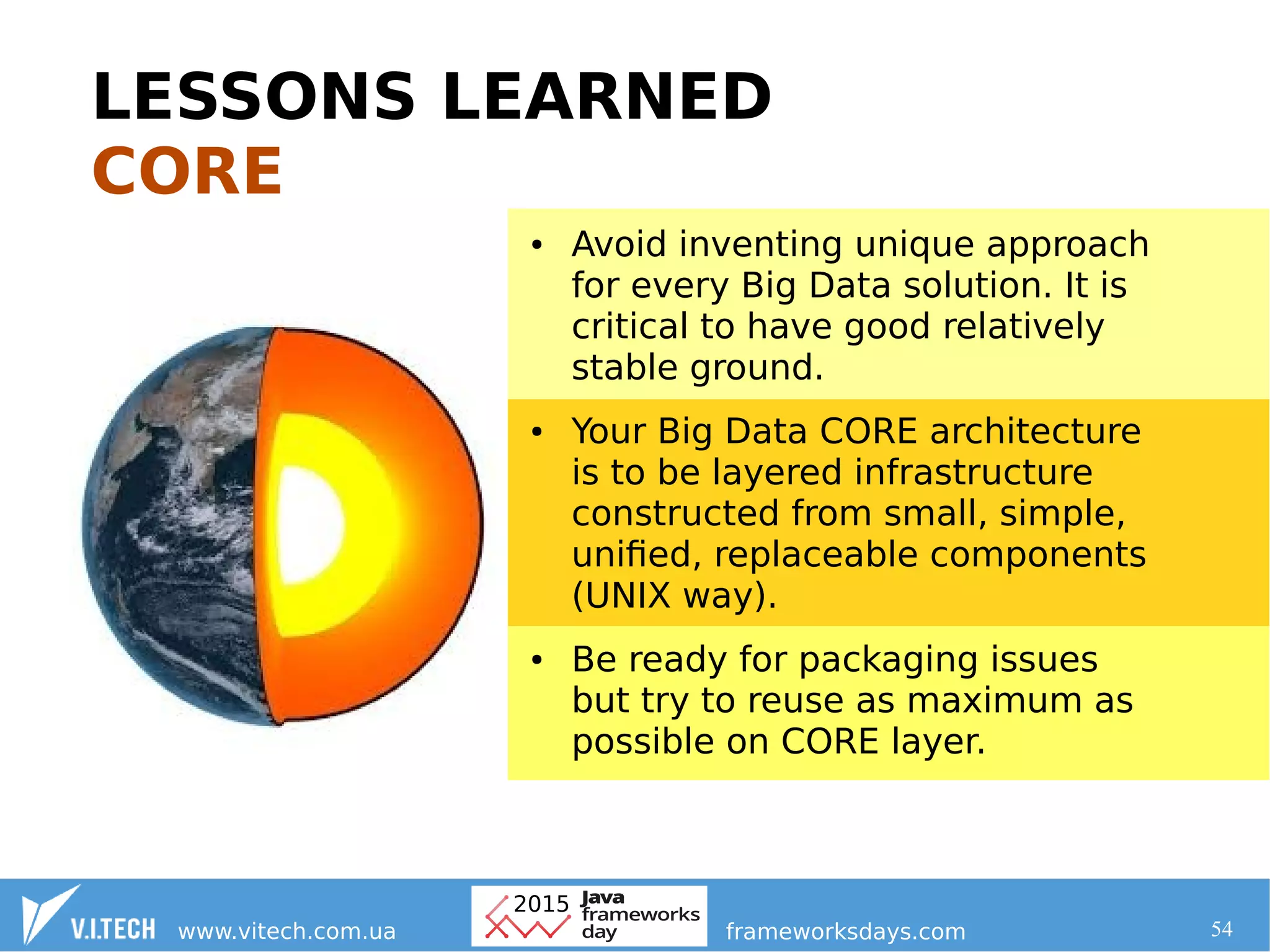 54
LESSONS LEARNED
CORE
● Avoid inventing unique approach
for every Big Data solution. It is
critical to have good relatively
stable ground.
● Your Big Data CORE architecture
is to be layered infrastructure
constructed from small, simple,
unified, replaceable components
(UNIX way).
● Be ready for packaging issues
but try to reuse as maximum as
possible on CORE layer.
 