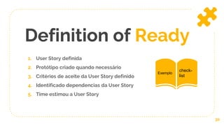 1. User Story definida
2. Protótipo criado quando necessário
3. Critérios de aceite da User Story definido
4. Identificado dependencias da User Story
5. Time estimou a User Story
Definition of Ready
30
Exemplo
check-
list
 
