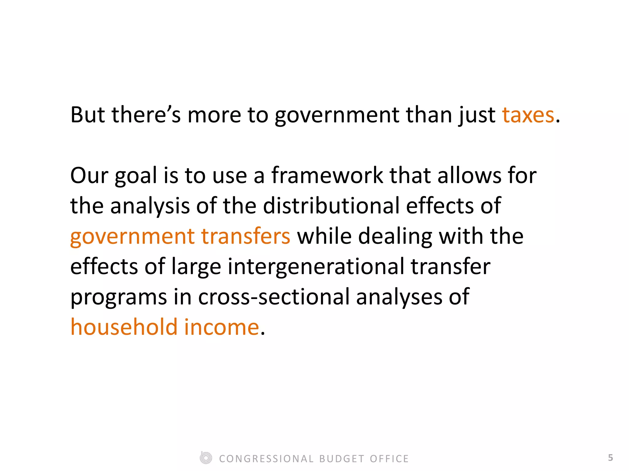 5CONGRESSIONAL BUDGET OFFICE
But there’s more to government than just taxes.
Our goal is to use a framework that allows for
the analysis of the distributional effects of
government transfers while dealing with the
effects of large intergenerational transfer
programs in cross-sectional analyses of
household income.
 