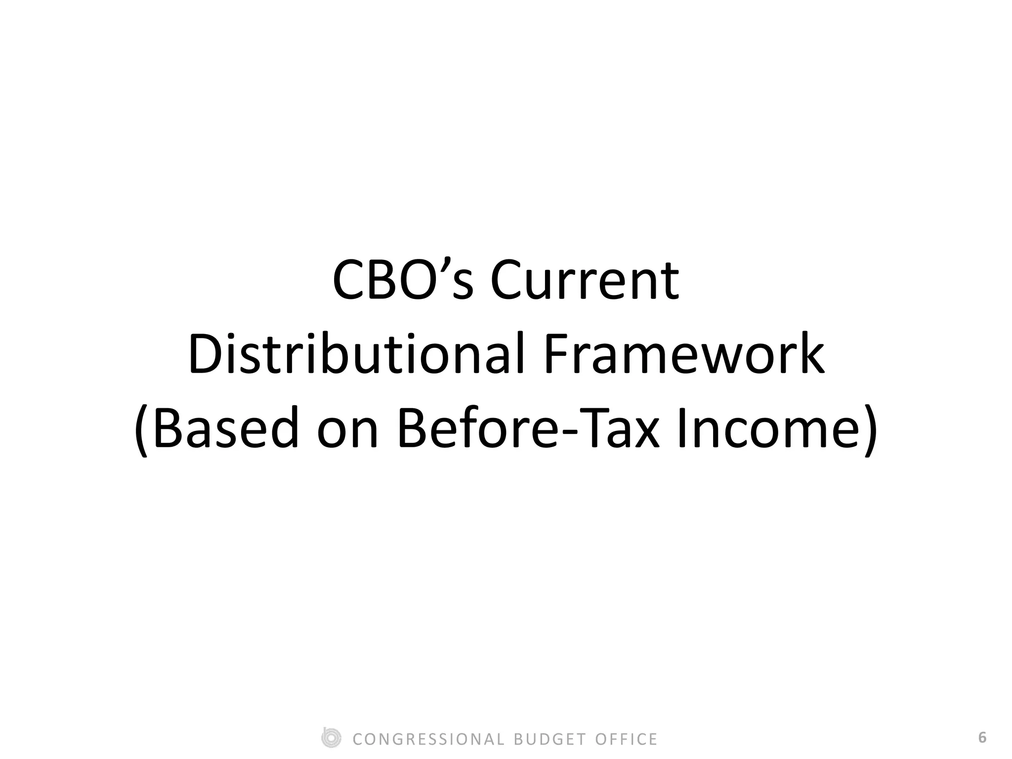 6CONGRESSIONAL BUDGET OFFICE
CBO’s Current
Distributional Framework
(Based on Before-Tax Income)
 