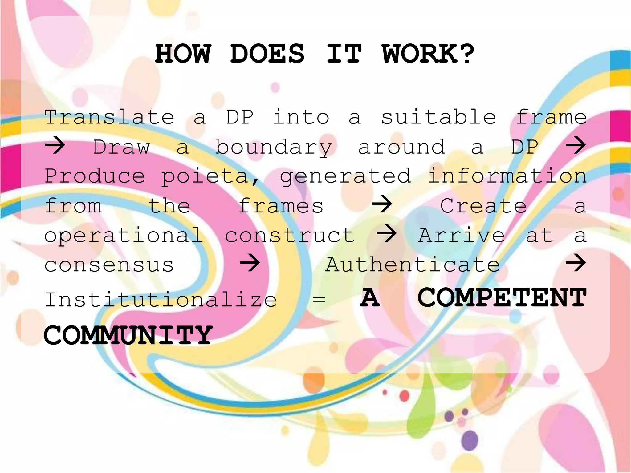 HOW DOES IT WORK?
Translate a DP into a suitable frame
 Draw a boundary around a DP 
Produce poieta, generated information
from   the   frames       Create   a
operational construct  Arrive at a
consensus         Authenticate    
Institutionalize = A     COMPETENT
COMMUNITY
 