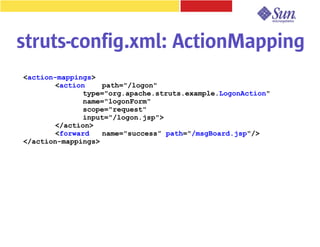 struts-config.xml: ActionMapping
<action-mappings>
       <action     path="/logon"
              type="org.apache.struts.example.LogonAction"
              name="logonForm"
              scope="request"
              input="/logon.jsp">
       </action>
       <forward    name="success” path="/msgBoard.jsp"/>
</action-mappings>
 