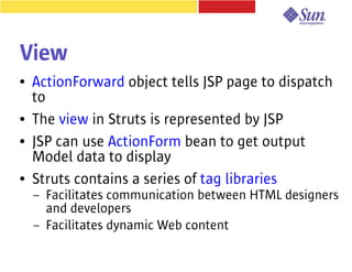 View
●   ActionForward object tells JSP page to dispatch
    to
●   The view in Struts is represented by JSP
●   JSP can use ActionForm bean to get output
    Model data to display
●   Struts contains a series of tag libraries
    –   Facilitates communication between HTML designers
        and developers
    –   Facilitates dynamic Web content
 