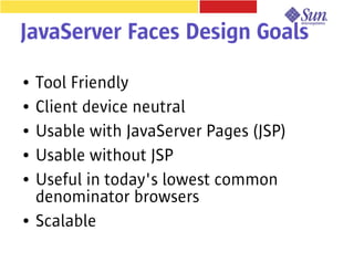 JavaServer Faces Design Goals
●   Tool Friendly
●   Client device neutral
●   Usable with JavaServer Pages (JSP)
●   Usable without JSP
●   Useful in today's lowest common
    denominator browsers
●   Scalable
 