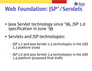 Web Foundation: JSP™/Servlets

●   Java Servlet technology since ’96, JSP 1.0
    specification in June ’99
●   Servlets and JSP technologies:
    •   JSP 1.2 and Java Servlet 2.3 technologies in the J2EE
        1.3 platform (now)
    •   JSP 2.0 and Java Servlet 2.4 technologies in the J2EE
        1.4 platform (proposed final draft)
 
