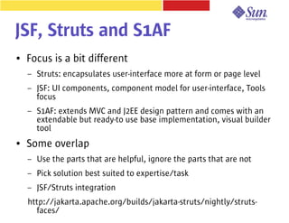 JSF, Struts and S1AF
●   Focus is a bit different
    –   Struts: encapsulates user-interface more at form or page level
    –   JSF: UI components, component model for user-interface, Tools
        focus
    –   S1AF: extends MVC and J2EE design pattern and comes with an
        extendable but ready-to use base implementation, visual builder
        tool
●   Some overlap
    –   Use the parts that are helpful, ignore the parts that are not
    –   Pick solution best suited to expertise/task
    –   JSF/Struts integration
    http://jakarta.apache.org/builds/jakarta-struts/nightly/struts-
      faces/
 