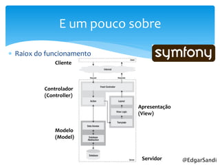 E um pouco sobre

 Raiox do funcionamento
              Cliente



          Controlador
          (Controller)

                            Apresentação
                            (View)


              Modelo
              (Model)


                             Servidor      @EdgarSandi
 