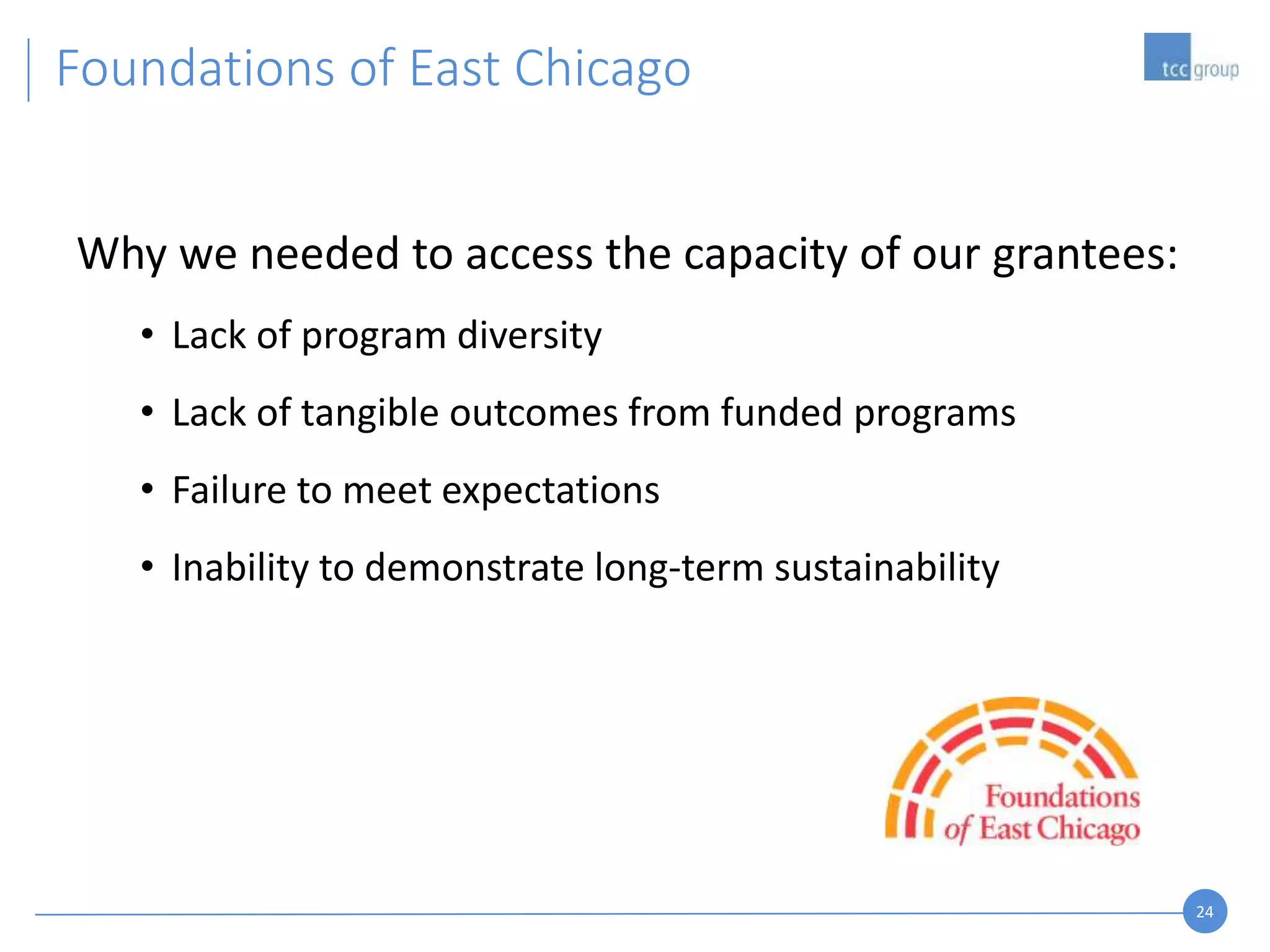 24
Why we needed to access the capacity of our grantees:
• Lack of program diversity
• Lack of tangible outcomes from funded programs
• Failure to meet expectations
• Inability to demonstrate long-term sustainability
Foundations of East Chicago
 