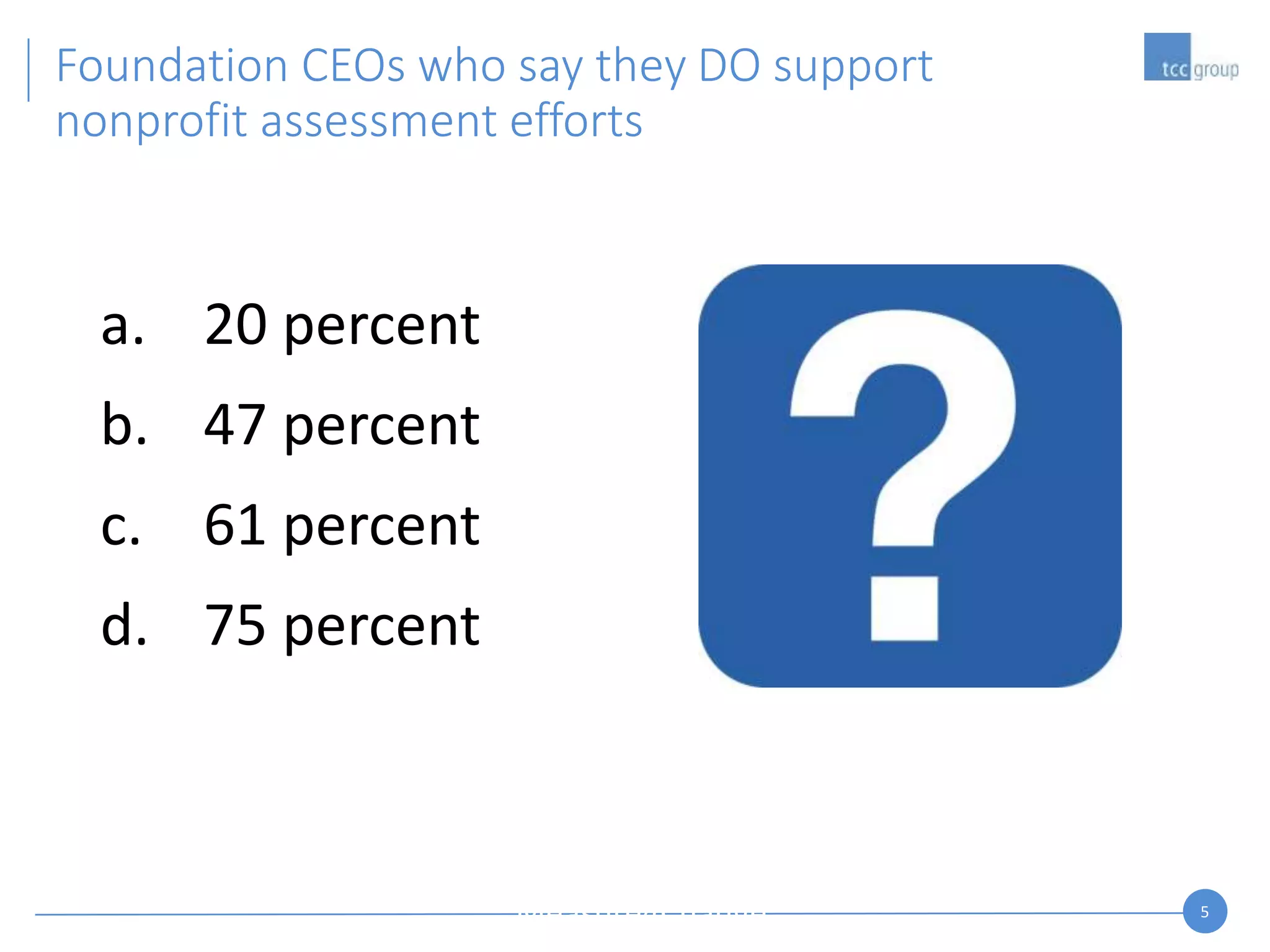 5
a. 20 percent
b. 47 percent
c. 61 percent
d. 75 percent
Foundation CEOs who say they DO support
nonprofit assessment efforts
Measure4Change
 