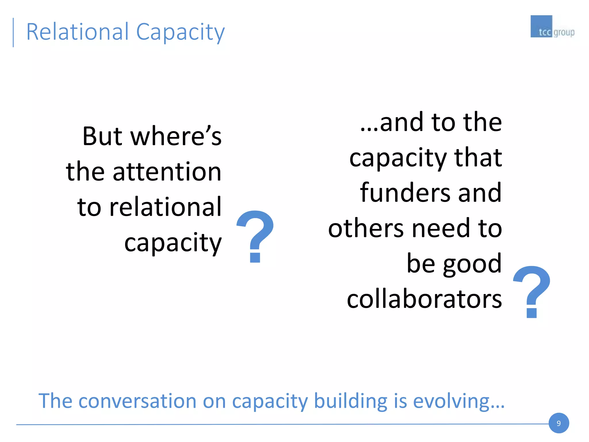 9
Relational Capacity
But where’s
the attention
to relational
capacity
…and to the
capacity that
funders and
others need to
be good
collaborators
?
?
The conversation on capacity building is evolving…
 