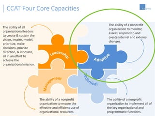 18
CCAT Four Core Capacities
The ability of all
organizational leaders
to create & sustain the
vision, inspire, model,
prioritize, make
decisions, provide
direction, & innovate,
all in an effort to
achieve the
organizational mission.
The ability of a nonprofit
organization to ensure the
effective and efficient use of
organizational resources.
The ability of a nonprofit
organization to monitor,
assess, respond to and
create internal and external
changes.
The ability of a nonprofit
organization to implement all of
the key organizational and
programmatic functions.
 