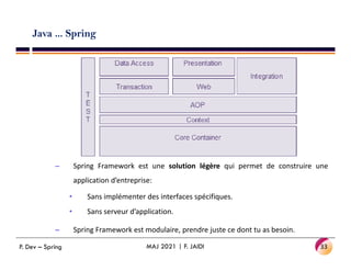 Java ... Spring
– Spring Framework est une solution légère qui permet de construire une
application d’entreprise:
• Sans implémenter des interfaces spécifiques.
• Sans serveur d’application.
– Spring Framework est modulaire, prendre juste ce dont tu as besoin.
33
MAJ 2021 | F. JAIDI
P. Dev – Spring
 