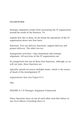 FRAMEWORK
Strategic alignment results from structuring the IT organization
around the needs of the business. To
explain how this is done, let me break the operations of the IT
organization down into four basic
functions. Two are delivery functions: support delivery and
project delivery. The other two are
management activities: value attainment and strategic
alignment. All activities of the IT organization can
be categorized into one of these four functions, although, as we
will see later, these functions are
typically spread out across multiple teams, which is the source
of much of the misalignment IT
organizations face (see Figure 8.1).
img
FIGURE 8.1 IT Strategic Alignment Framework
These functions layer on top of each other such that failure at
one level affects everything above it.
 