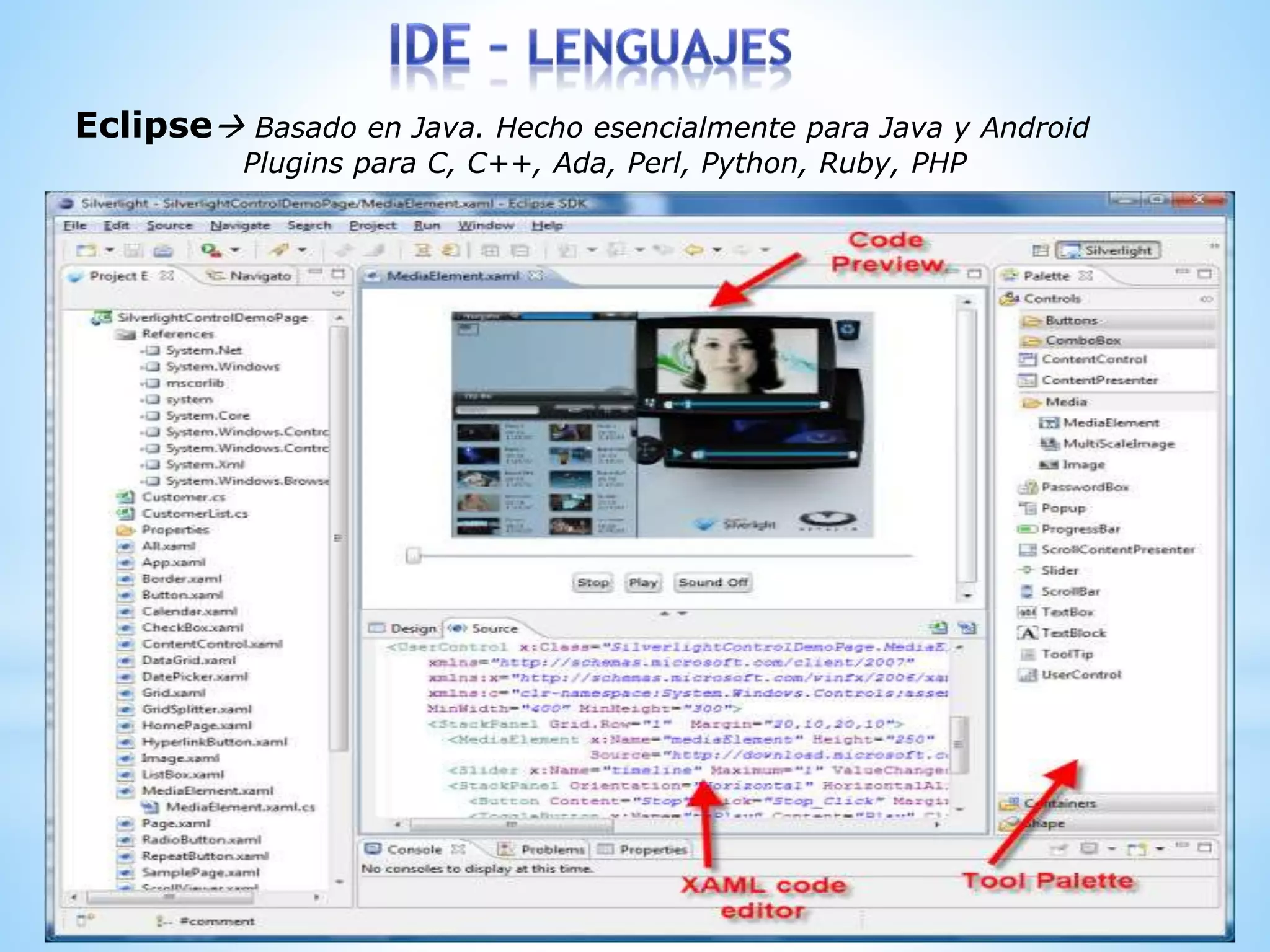 Eclipse Basado en Java. Hecho esencialmente para Java y Android
Plugins para C, C++, Ada, Perl, Python, Ruby, PHP
 