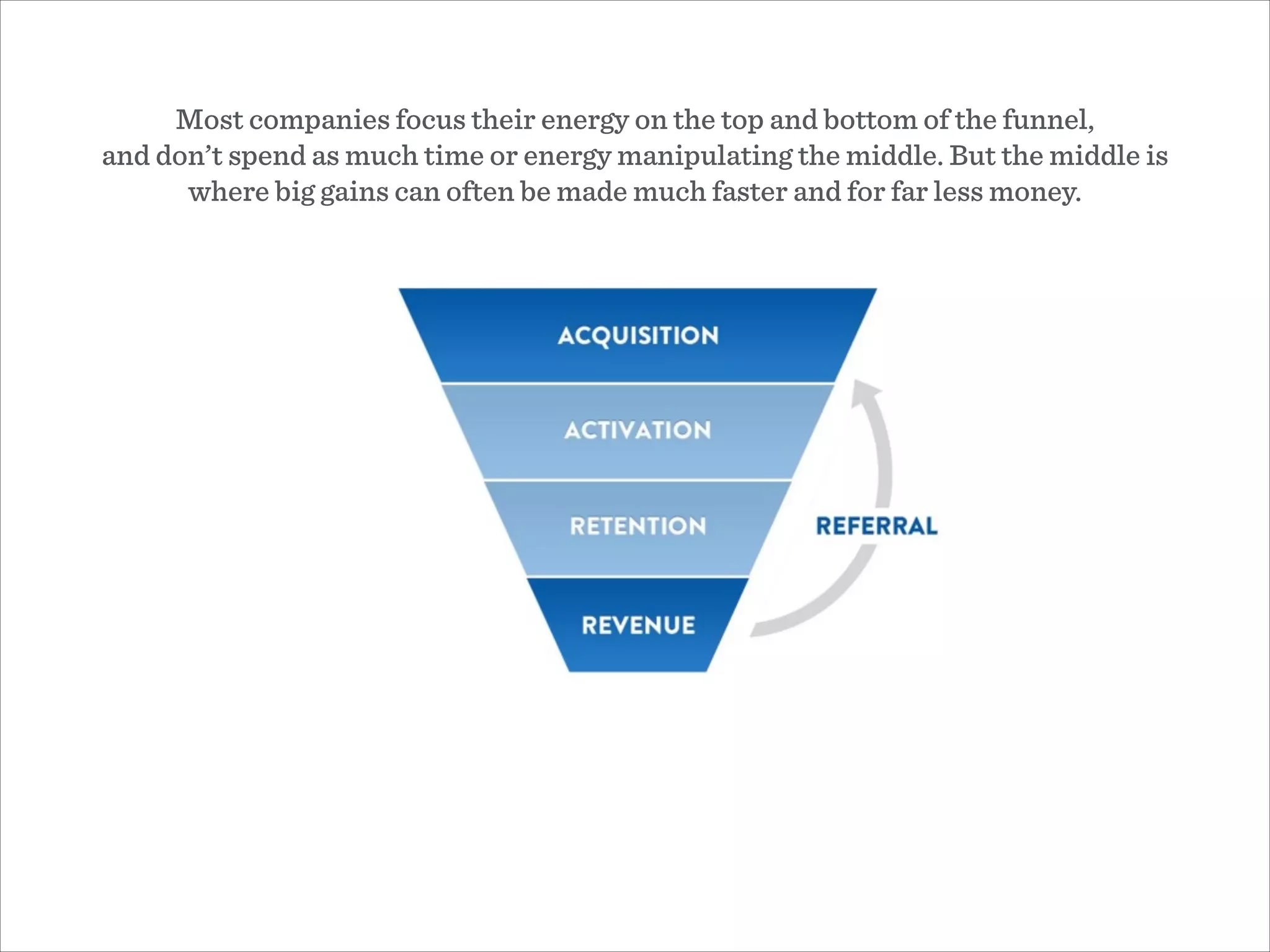 Most companies focus their energy on the top and bottom of the funnel,  
and don’t spend as much time or energy manipulating the middle. But the middle is
where big gains can often be made much faster and for far less money.
 