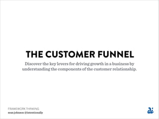 THE CUSTOMER FUNNEL
Discover the key levers for driving growth in a business by
understanding the components of the customer relationship.
FRAMEWORK THINKING
sean johnson @intentionally
 