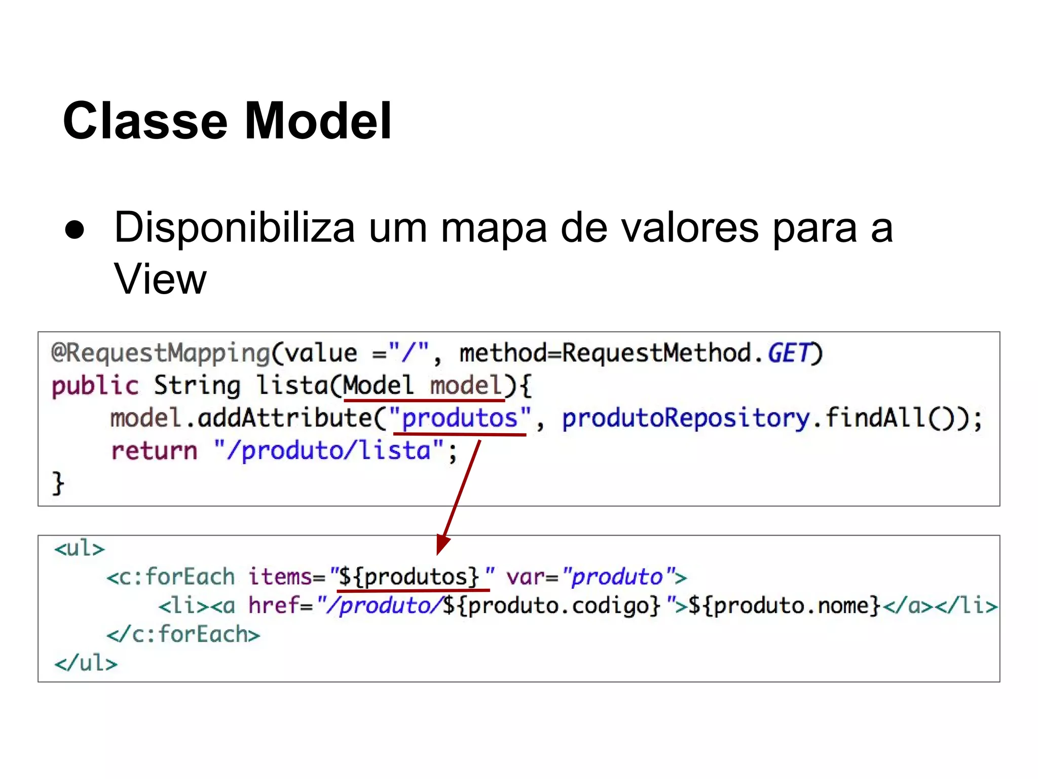 Classe Model ● Disponibiliza um mapa de valores para a View 