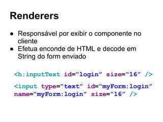 Renderers 
● Responsável por exibir o componente no 
cliente 
● Efetua enconde de HTML e decode em 
String do form enviado 
 