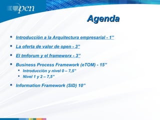 Agenda
   Introducción a la Arquitectura empresarial - 1”

   La oferta de valor de open - 3”

   El tmforum y el frameworx - 3”

   Business Process Framework (eTOM) - 15”
      Introducción y nivel 0 – 7,5”
      Nivel 1 y 2 – 7,5”

   Information Framework (SID) 10”
 