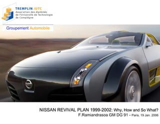 Groupement Automobile




                NISSAN REVIVAL PLAN 1999-2002: Why, How and So What?
                                 F.Ramiandrasoa GM DG 91 - Paris, 19 Jan. 2006
 