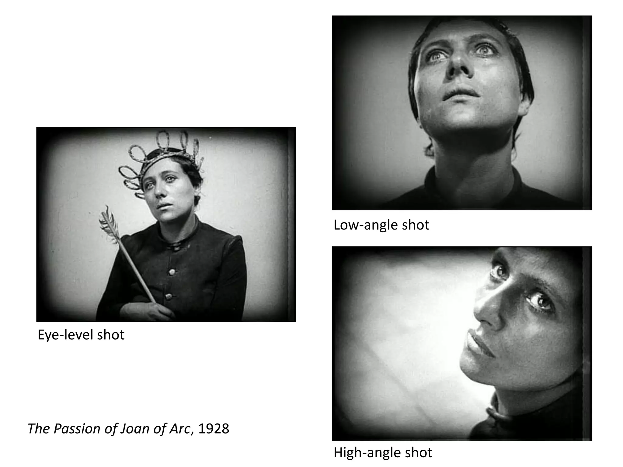 Low-angle shot

Eye-level shot

The Passion of Joan of Arc, 1928

High-angle shot

 