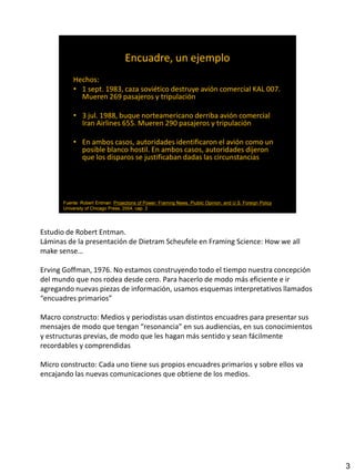 3
Estudio de Robert Entman.
Láminas de la presentación de Dietram Scheufele en Framing Science: How we all
make sense…
Erving Goffman, 1976. No estamos construyendo todo el tiempo nuestra concepción
del mundo que nos rodea desde cero. Para hacerlo de modo más eficiente e ir
agregando nuevas piezas de información, usamos esquemas interpretativos llamados
“encuadres primarios”
Macro constructo: Medios y periodistas usan distintos encuadres para presentar sus
mensajes de modo que tengan “resonancia” en sus audiencias, en sus conocimientos
y estructuras previas, de modo que les hagan más sentido y sean fácilmente
recordables y comprendidas
Micro constructo: Cada uno tiene sus propios encuadres primarios y sobre ellos va
encajando las nuevas comunicaciones que obtiene de los medios.
 