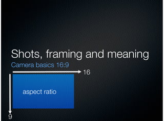 Shots, framing and meaning
Camera basics 16:9

aspect ratio

9

16

 