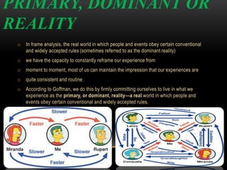 PRIMARY, DOMINANT OR
REALITY
o In frame analysis, the real world in which people and events obey certain conventional
and widely accepted rules (sometimes referred to as the dominant reality)
o we have the capacity to constantly reframe our experience from
o moment to moment, most of us can maintain the impression that our experiences are
o quite consistent and routine.
o According to Goffman, we do this by firmly committing ourselves to live in what we
experience as the primary, or dominant, reality—a real world in which people and
events obey certain conventional and widely accepted rules.
 
