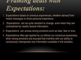 1. Expectations based on previous experiences, whether derived from
media messages or direct personal experience.
2. Expectations can be quite resistant to change, even when they are
contradicted by readily factual information.
3. Expectations can arouse strong emotions such as hate, fear or love.
4. Expectations often get applied by us without our conscious awareness,
when strong emotions are aroused that interfere with our ability to
consciously interoperate new information available in the situation.
 