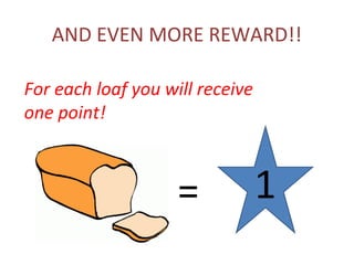 AND EVEN MORE REWARD!!

For each loaf you will receive
one point!



                    =            1
 