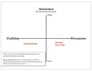 Awareness
                                                (of intent, by the user)
                                                              High




     Usability                                                                    Persuasion
                                                                      Amazon
                              Good Defaults
                                                                      One Click



There is value to user with Amazon One Click, but it’s
primarily intended to persuade.

Many people know that e-tail sites want to sell them
more stuff, they may have a sense that this feature aims to   Low
do this, but the intent isn’t overt.
 