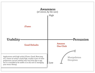 Awareness
                                                     (of intent, by the user)
                                                                    High




                                 iTunes




     Usability                                                                             Persuasion
                                                                           Amazon
                                 Good Defaults
                                                                           One Click



Applications with high utility (iTunes, Gmail, Basecamp,
etc.). Intent of utility is fairly high, usually as part of value
                                                                                       Manipulation
proposition. (actual usability may vary from app to app,                               Deception
but it is intended to be usable as an aid, such as managing         Low
your music library).
 