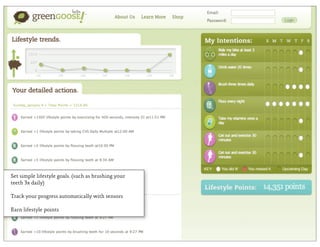 Set simple lifestyle goals. (such as brushing your
teeth 3x daily)

Track your progress automatically with sensors

Earn lifestyle points
 