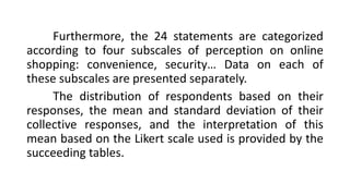 Furthermore, the 24 statements are categorized
according to four subscales of perception on online
shopping: convenience, security… Data on each of
these subscales are presented separately.
The distribution of respondents based on their
responses, the mean and standard deviation of their
collective responses, and the interpretation of this
mean based on the Likert scale used is provided by the
succeeding tables.
 