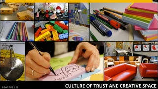© SAP 2012 | 13   SPACE	
  =	
  CULTURE	
  OF	
  TRUST	
  &	
  CREATIVE	
  ENVIRONMENT	
  
                                     CULTURE	
  OF	
  TRUST	
  AND	
  CREATIVE	
  SPACE	
  
 