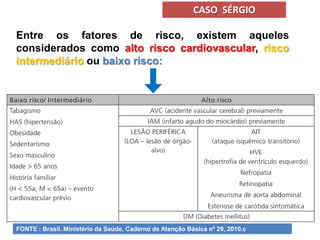 Entre os fatores de risco, existem aqueles
considerados como alto risco cardiovascular, risco
intermediário ou baixo risco:
FONTE : Brasil. Ministério da Saúde, Caderno de Atenção Básica nº 29, 2010.c
CASO SÉRGIO
 
