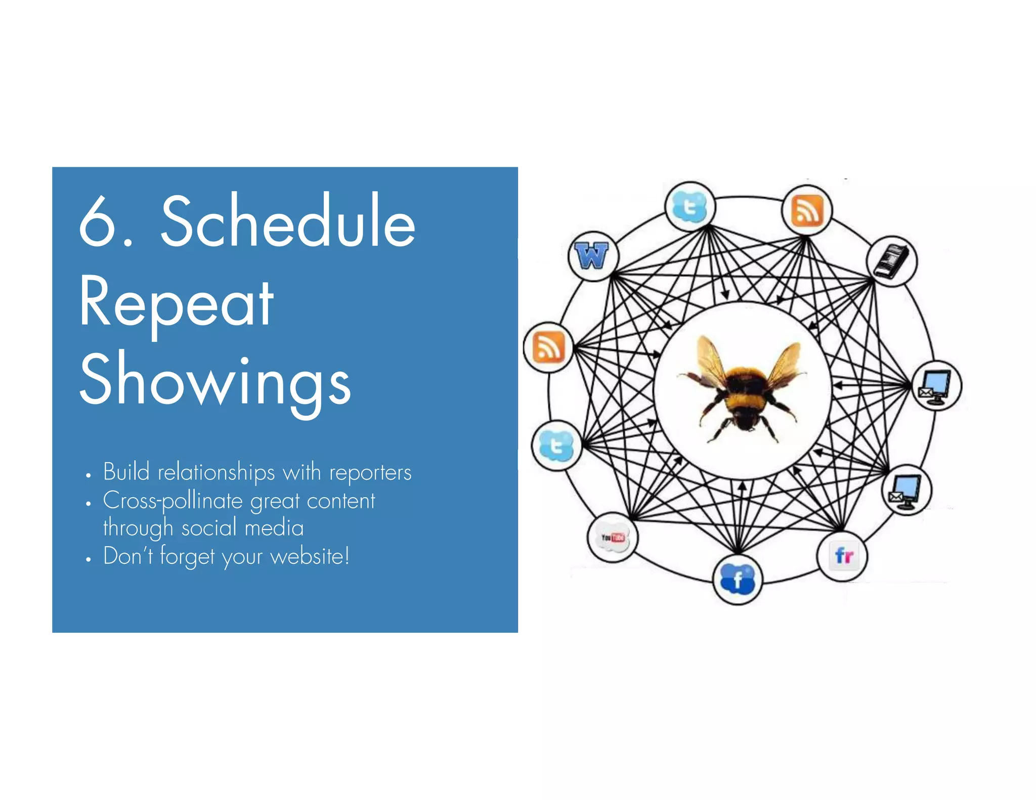6. Schedule
Repeat
Showings
•  Build relationships with reporters
•  Cross-pollinate great content
through social media
•  Don’t forget your website!
 