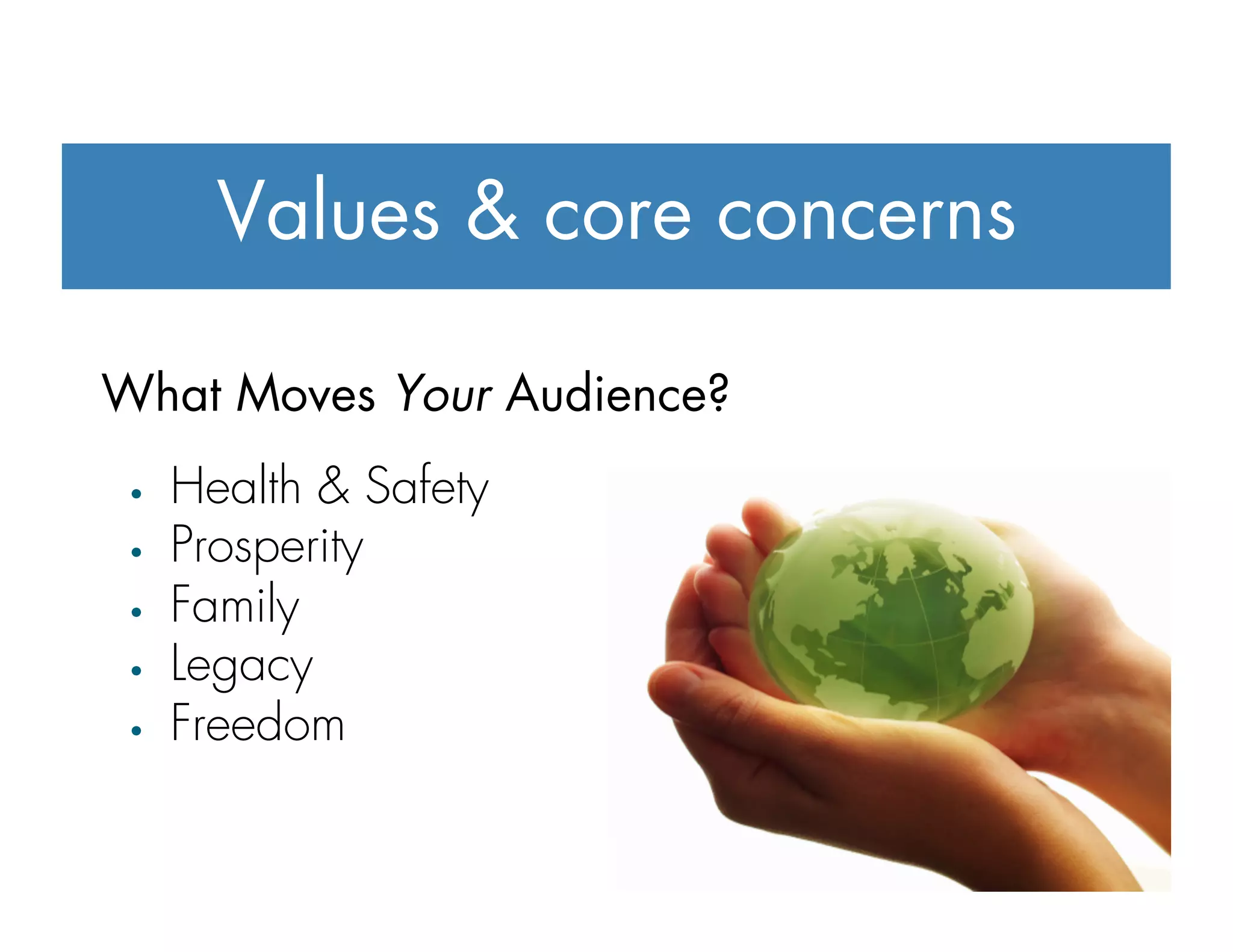 Values & core concerns
What Moves Your Audience?
•  Health & Safety
•  Prosperity
•  Family
•  Legacy
•  Freedom
 