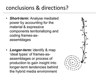 conclusions & directions?
• Short-term: Analyse mediated
  power by accounting for the
  material & expressive
  components territorializing and
  coding frames-as-
  assemblages

• Longer-term: identify & map
  „ideal types‟ of frames-as-
  assemblages or process of
  production to gain insight into
  longer-term tendencies behind
  the hybrid media environment
 