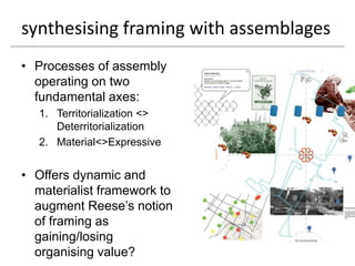 synthesising framing with assemblages
• Processes of assembly
  operating on two
  fundamental axes:
   1. Territorialization <>
      Deterritorialization
   2. Material<>Expressive


• Offers dynamic and
  materialist framework to
  augment Reese‟s notion
  of framing as
  gaining/losing
  organising value?
 
