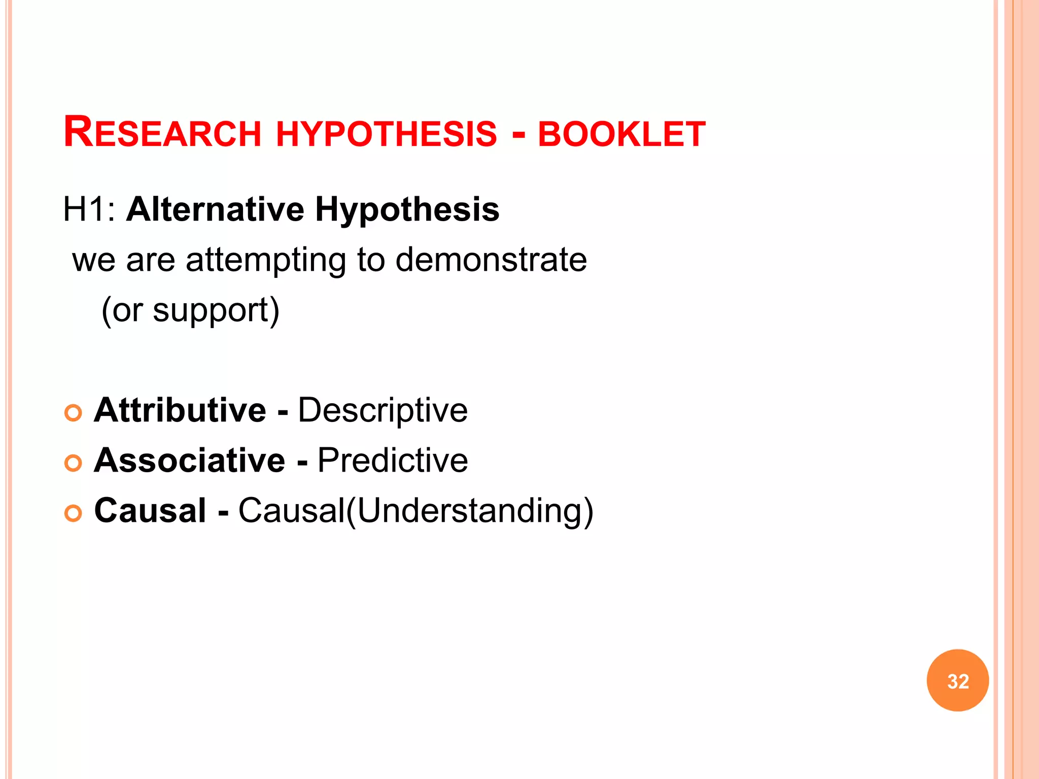 RESEARCH HYPOTHESIS - BOOKLET
H1: Alternative Hypothesis
we are attempting to demonstrate
(or support)
 Attributive - Descriptive
 Associative - Predictive
 Causal - Causal(Understanding)
32
 