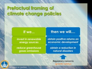 Bertolotti & Catellani
Prefactual framing of
climate change policies
If we... then we will....
invest in renewable
energy sources
reduce greenhouse
gases emissions
obtain positive returns on
economic development
obtain a reduction in
natural disasters
Regulatory concerns
(growth/safety)
 
