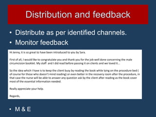 • Distribute as per identified channels.
• Monitor feedback
Hi Jenny, it is so great to have been introduced to you by Sara.

First of all, I would like to congratulate you and thank you for the job well done concerning the male
circumcision booklet. My staff and I did read before passing it on clients and we loved it...

So the idea which I have is to keep the client busy by reading the book while lying on the procedure bed (
of course for those who doesn’t mind reading) or even better in the recovery room after the procedure, in
that case the nurse will be able to answer any question ask by the client after reading as the book cover
most of the essential information needed.

Really appreciate your help.

Regards,



• M&E
 