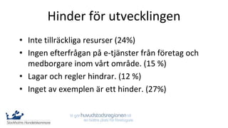 Hinder för utvecklingen
• Inte tillräckliga resurser (24%)
• Ingen efterfrågan på e-tjänster från företag och
  medborgare inom vårt område. (15 %)
• Lagar och regler hindrar. (12 %)
• Inget av exemplen är ett hinder. (27%)
 