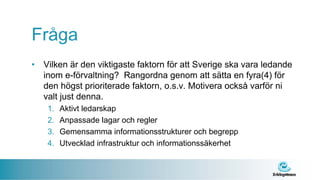 Fråga
•   Vilken är den viktigaste faktorn för att Sverige ska vara ledande
    inom e-förvaltning? Rangordna genom att sätta en fyra(4) för
    den högst prioriterade faktorn, o.s.v. Motivera också varför ni
    valt just denna.
     1.   Aktivt ledarskap
     2.   Anpassade lagar och regler
     3.   Gemensamma informationsstrukturer och begrepp
     4.   Utvecklad infrastruktur och informationssäkerhet
 