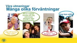 Våra utmaningar
Många olika förväntningar
                 Allt är möjligt:
                 Allt är möjligt:                   Jag kan själv!
                 kanske blir jag
                 kanske blir jag
                   astronaut,
                   astronaut,
                 designer eller
                  designer eller
                 fotbollsproffs.
                 fotbollsproffs.




Jag vill kunna                         Allt ska
 välja själv!                       fungera – nu!
 