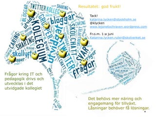 Tack!
katarina.lycken@stockholm.se
@klycken
www.lejonetochraven.wordpress.com
Fr.o.m. 1:a juni
Katarina.lycken.ruter@skolverket.se
Frågor kring IT och
pedagogik drivs och
utvecklas i det
utvidgade kollegiet
Det behövs mer näring och
engagemang för tillväxt.
Låsningar behöver få lösningar.
Resultatet: god frukt!
 