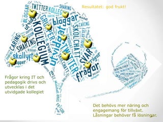 Frågor kring IT och
pedagogik drivs och
utvecklas i det
utvidgade kollegiet
Det behövs mer näring och
engagemang för tillväxt.
Låsningar behöver få lösningar.
Resultatet: god frukt!
 