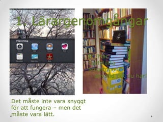 Det måste inte vara snyggt
för att fungera – men det
måste vara lätt.
1. Lärargenomgångar
PC/Mac
Surfplatta
Smartphone
- använd det du har!
 